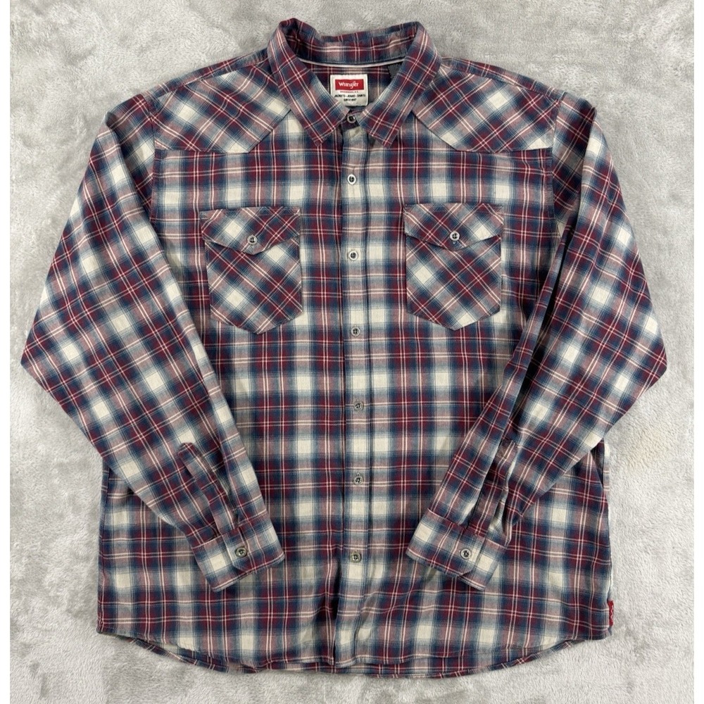 Wrangler Shirt Mens 2XL Flannel Western Cowboy Wrinkle Free Stretch Red Blue